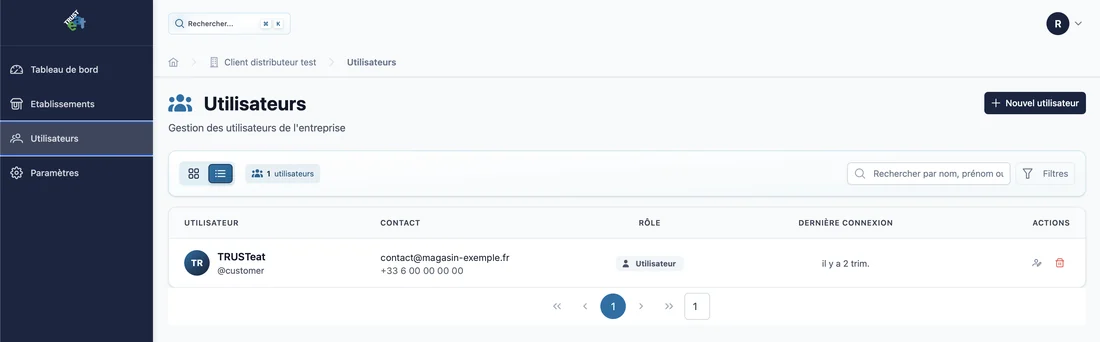 Plateforme TRUSTeat : gestion des utilisateurs, avec rôle et dernière connexion de chaque compte